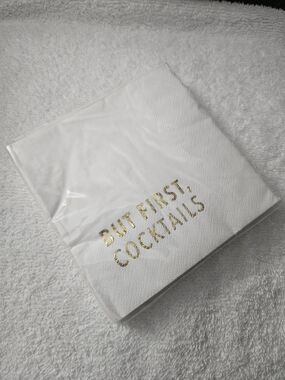 Spritz White Beverage Napkins with Gold Text 'But First, Cocktails' 30 CT 2-PLY